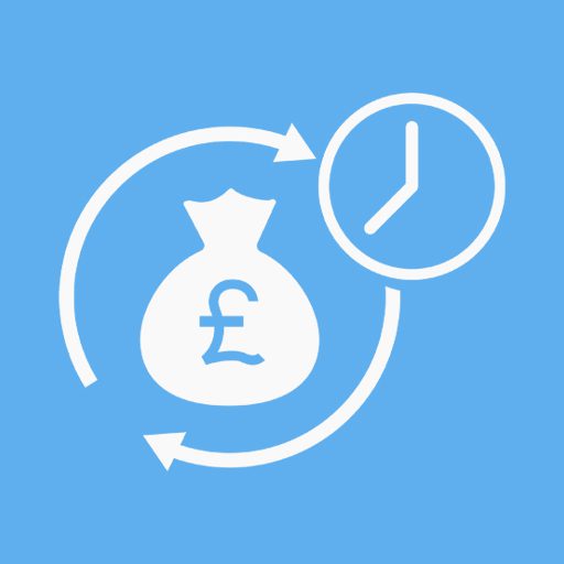 Pound sterling, money bag and clock icon - Argentinian Blue background